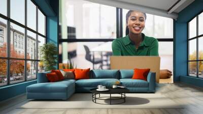 Portrait of concentrated african-american female employee using laptop computer, smiling black businesswoman responds emails, freelancer woman working on the distance sitting in coworking space Wall mural