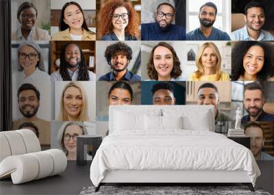 Virtual conference, webinar, online meeting video screen. Group of diverse employee, colleagues using app for video communication, virtual conference, looking at the camera. Collage of diverse people Wall mural