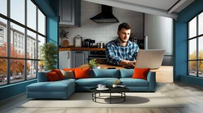 Young male freelancer works from home Wall mural