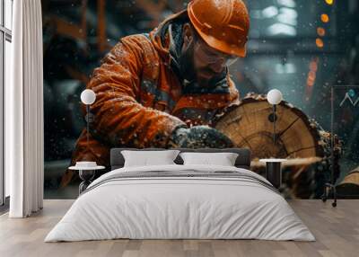 Professional logger in protective workwear cutting the tree trunk with axe in the dark in the evening Wall mural