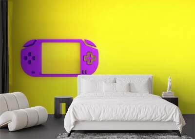 Purple Portable video game console icon isolated on yellow background. Gamepad sign. Gaming concept. Minimalism concept. 3d illustration 3D render. Wall mural