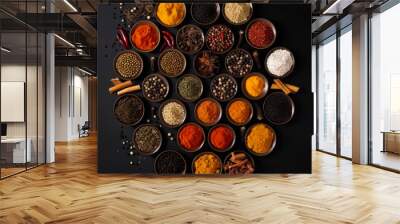 Same cups filled with diverse spices. Array of herbs, powder spice and grains on the black backdrop. Top view. Generative AI. Wall mural