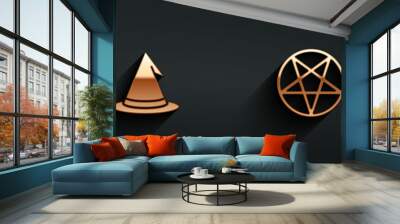 Set Ancient magic book, Witch hat, Pentagram in circle and icon with long shadow. Vector Wall mural