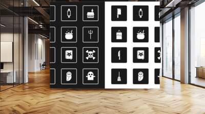 Set Castle, Halloween witch cauldron, Burning candle, Meat chopper, Neptune Trident, Candy, Skull crossbones and Knife icon. Vector Wall mural