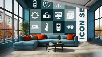 Set Lifebuoy, Ski goggles, Photo, Anchor, Suitcase, Sun, Please do not disturb and Location hotel icon. Vector Wall mural