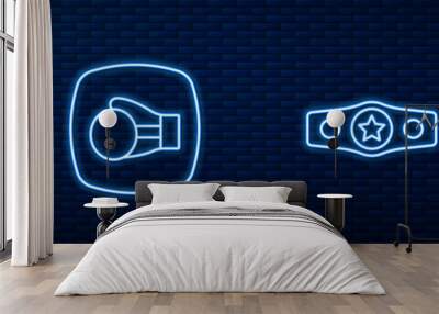 Set line Boxing belt, Punching bag, glove and Smart watch with heart. Glowing neon icon on brick wall. Vector Wall mural