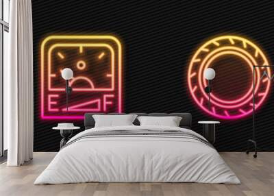 Set line Car tire wheel, Canister for motor machine oil, Motor gas gauge and . Glowing neon icon. Vector Wall mural