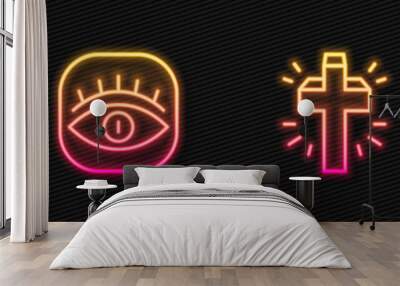 Set line Christian cross, Magic stone, Masons and Ancient magic book. Glowing neon icon. Vector Wall mural