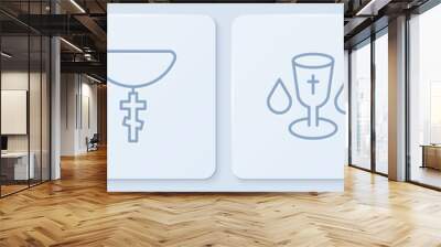 Set line Christian fish, chalice, cross on chain and Crusade. White square button. Vector Wall mural