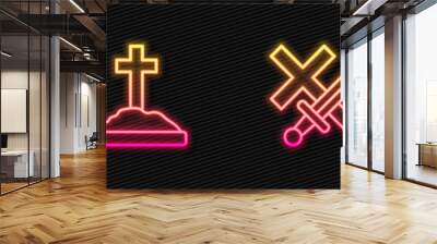 Set line Crusade, Crucifixion of Jesus Christ, Grave with cross and Online church pastor preaching. Glowing neon icon. Vector Wall mural