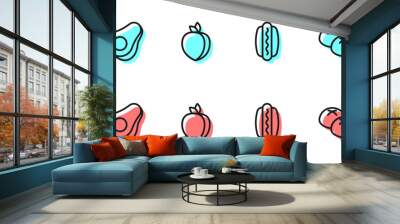 Set line Hotdog, Avocado fruit, Plum and Bread loaf icon. Vector Wall mural