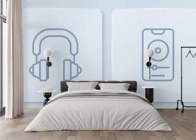 Set line Music playlist, player, Headphones and Record button. White square button. Vector Wall mural