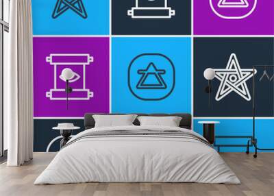 Set line Pentagram, Air element and Ancient magic scroll icon. Vector Wall mural