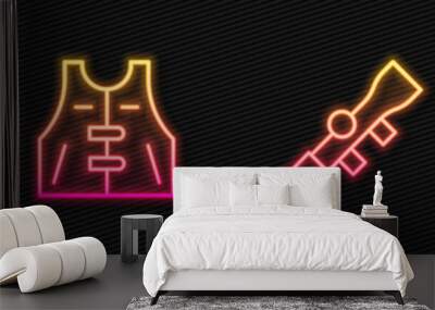 Set line Sniper optical sight, Campfire, Hunting jacket and Hippo or Hippopotamus. Glowing neon icon. Vector Wall mural