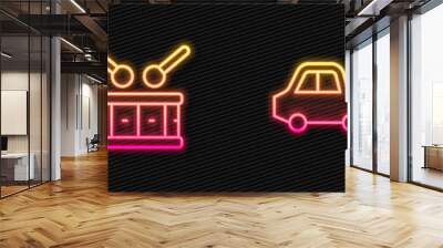 Set line Toy car, truck, Drum with drum sticks and Sand in bucket. Glowing neon icon. Vector Wall mural