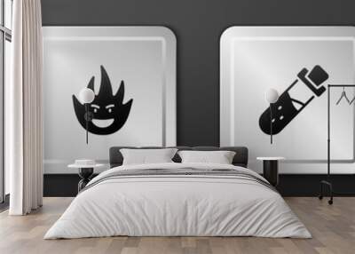 Set Magic hat and wand, Fire flame, Bottle with potion and Medieval sword icon. Silver square button. Vector Wall mural