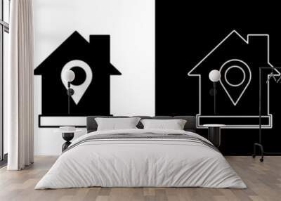 Set Map pointer with house icon isolated on black and white background. Home location marker symbol. Vector Wall mural