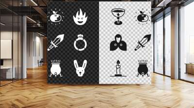 Set Medieval goblet, Poison apple, Fire flame, Burning candle in candlestick, Witch cauldron, Rabbit with ears, Mantle, cloak, cape and sword icon. Vector Wall mural