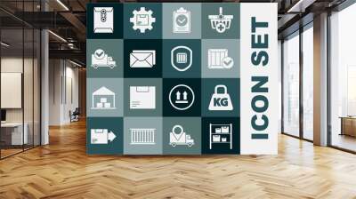 Set Warehouse, Weight, Wooden box with check mark, Verification of delivery list clipboard, Envelope, Delivery truck, and security shield icon. Vector Wall mural