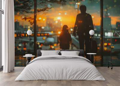 Silhouette of father and daughter with luggage in the airport at sunset Wall mural