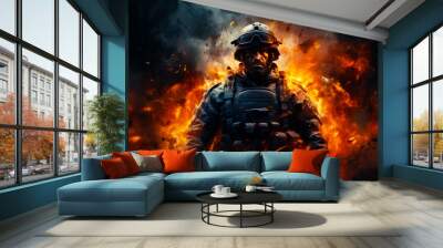 Strong army man wearing bulletproof vest, helmet and goggles. Fire and explosions at backdrop. War concept. Generative AI. Wall mural