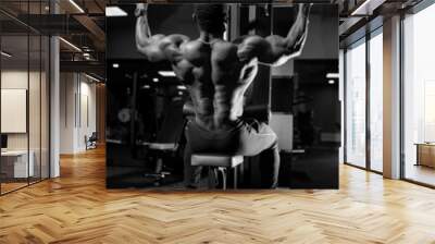 Strong muscular man from above training in gym. Young handsome man lifting heavy weight. Wall mural