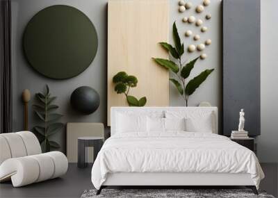 Stylish dark mood board inspiration design in a green and gray color palette Wall mural