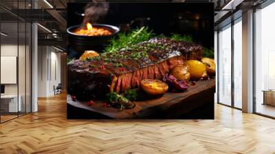 Succulent thick juicy portions of grilled fillet steak served with roast potatoes and fresh herbs on old wooden board in close up view Wall mural