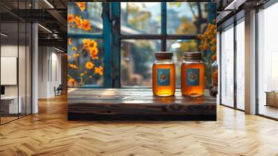 Two jars of honey sit on a wooden table next to a vase of flowers. The jars are labeled with a flower design Wall mural