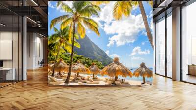 Caribbean beach with palms and straw umrellas on the shore with Gros Piton mountain in the background, Sugar beach, Saint  Lucia Wall mural