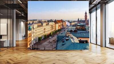 Center street of Helsingborg city panorama, with town hall tower, Sweden Wall mural