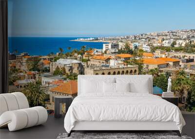 Mediterranean city historic center panorama with old church and mosque and residential buildings in the background, Biblos, Lebanon Wall mural