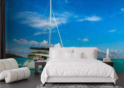 Turquoise colored sea with ancored catamarans, Tobago Cays, Saint Vincent and the Grenadines, Caribbean sea Wall mural