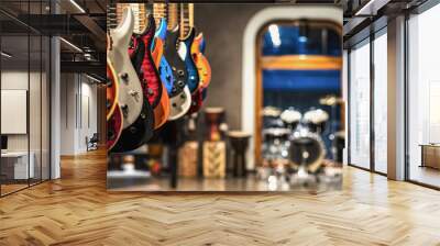 guitars, showcase with guitars hanging in a row Wall mural