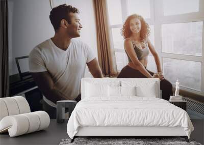 Afro American Couple. Morning Exercises Concept. Wall mural