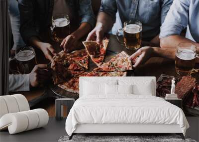 Close up of People Hands Taking Slices of Pizza Wall mural