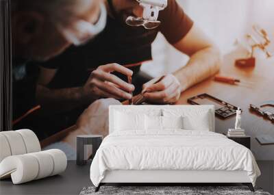 Two Men Repairing Hardware Equipment in Workshop. Wall mural