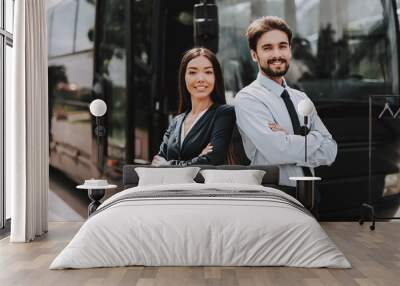 Young Smiling Business People Standing next to Bus Wall mural