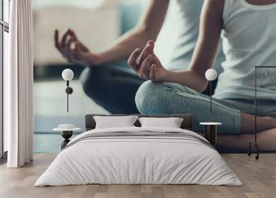 Young Woman and Little Girl doing Yoga Pose Wall mural