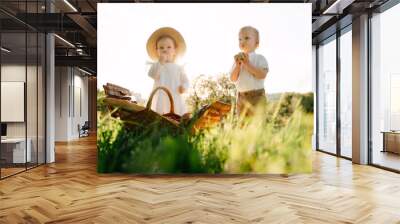 Hungry children sister and brother for food in a wicker basket for a picnic, eat fresh fruits for health. Healthy food for children in summer. Wall mural