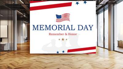 Happy Memorial Day. Greeting card with USA flag and silhouette soldiers on white background. National American holiday event. Flat vector illustration EPS10 Wall mural