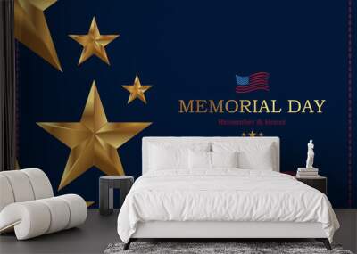 Happy Memorial Day. Greeting card with USA flag and silhouette soldiers with gold stars on blue background. National American holiday event. Flat vector illustration EPS10 Wall mural