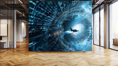 A blue space ship is flying through a tunnel. The tunnel is filled with numbers and symbols. The space ship is the main focus of the image Wall mural