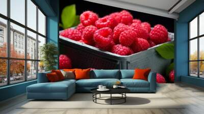 A box of fresh, sweet raspberries, close-up realistic photo Generative AI Wall mural