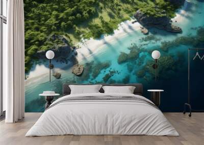 A breathtaking overhead shot of a pristine island paradise, characterized by palm-lined shores, secluded bays, and pristine stretches of white sand Generative AI Wall mural