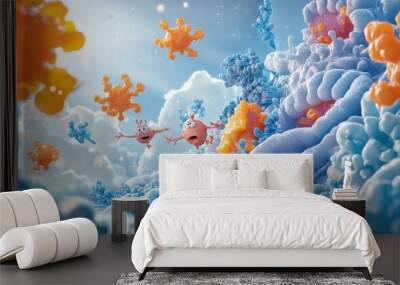 A cartoonish scene of two pink and orange creatures surrounded by blue Wall mural