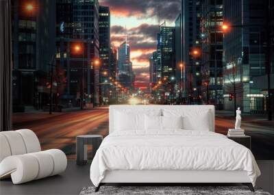 A city street at night with a beautiful sunset in the background. The street is empty and the lights are on Wall mural