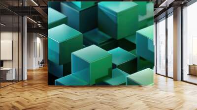 A close-up view of a digital rendering of a cluster of cubes, some green and some blue, arranged in a three-dimensional pattern. The cubes are shiny and reflective, suggesting a glossy surface. The pe Wall mural