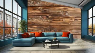 A close-up view of a weathered brown wooden surface, with visible knots and grain patterns. The planks are arranged horizontally, creating a rustic and natural background. The texture is perfect for u Wall mural