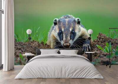 A close-up view of an American badger, a small animal, digging in the dirt for grubs. Wall mural